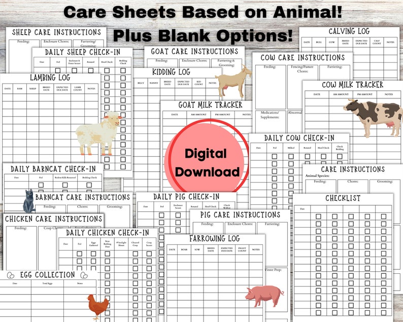 May include: Printable animal care sheets for sheep, goats, cows, barn cats, pigs, and chickens. Each sheet includes a daily check-in, care instructions, and a log for tracking important information. The sheets are black and white and feature illustrations of each animal.