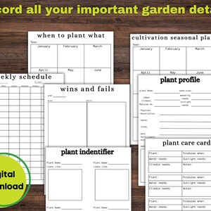 May include: Black and white printable garden planner with sections for weekly schedule, plant profile, plant care cards, plant identifier, wins and fails, and when to plant what. The planner includes text fields for plant names, dates, notes, and other details.
