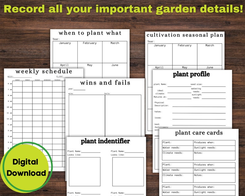 May include: Black and white printable garden planner with sections for weekly schedule, plant profile, plant care cards, plant identifier, wins and fails, and when to plant what. The planner includes text fields for plant names, dates, notes, and other details.