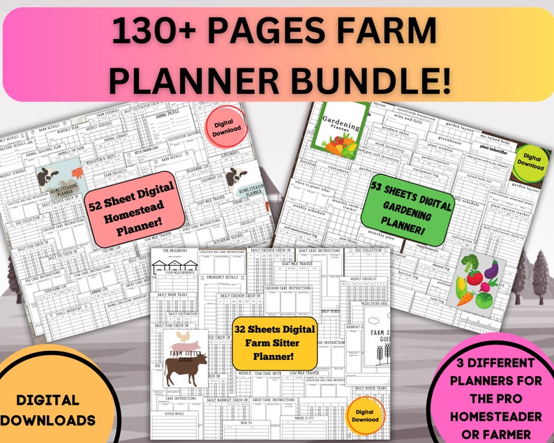 May include: A digital download bundle of three printable farm planners. The bundle includes a homestead planner, a gardening planner, and a farm sitter planner. The planners are black and white with a variety of charts and tables. The image includes the text "130+ Pages Farm Planner Bundle!" and "Digital Downloads".