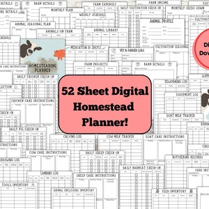 May include: A printable digital planner for homesteading with 52 sheets. The planner includes sections for animal care, farm income, cultivation, and more. The planner is black and white with a pink and white title.