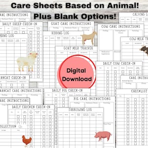 May include: Printable animal care sheets for farm animals, including sheep, goats, cows, pigs, chickens, and barn cats. The sheets include daily check-in logs, care instructions, and milk trackers. The image also includes a checklist and a digital download option.