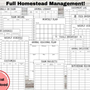 May include: Printable homestead management planner with sections for animals, farm income, expenses, projects, inventory, and schedules. The planner is black and white and has a digital download label.