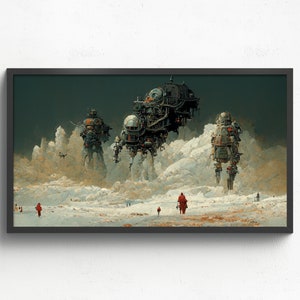 May include: A digital painting depicting three large, mechanical, steampunk-style robots standing on a snowy, white landscape. The robots are made of metal and have intricate details. The sky is dark and cloudy.