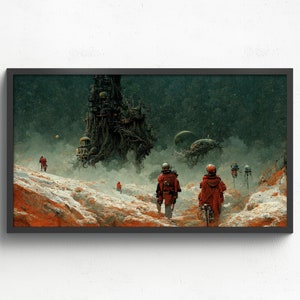 May include: A group of figures in red suits walk across a snowy, red landscape towards a large, dark, skeletal structure in the distance. The figures are wearing helmets and carrying backpacks. The sky is dark and cloudy.