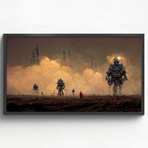 May include: A digital painting depicting a post-apocalyptic landscape with large, mechanical figures walking through a field of smoke and fog. The figures are constructed from metal and have a dark, industrial aesthetic. There are also smaller figures in the distance, suggesting a sense of scale and isolation.