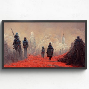 Könnte beinhalten: Eine Gruppe von Figuren in futuristischer Kleidung geht über eine rote, felsige Landschaft auf eine ferne Stadt zu. Die Figuren tragen Helme und Waffen. Der Himmel ist in einem nebeligen Orange gehalten und die Stadt ist vor dem Horizont silhouettiert.