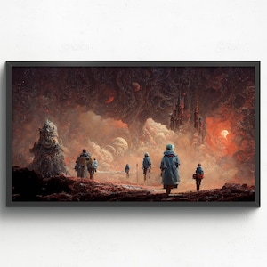 May include: A group of people walk through a surreal landscape with a red sky and a large, dark, organic structure in the background. The people are wearing coats and hats, and they are walking towards a distant city.
