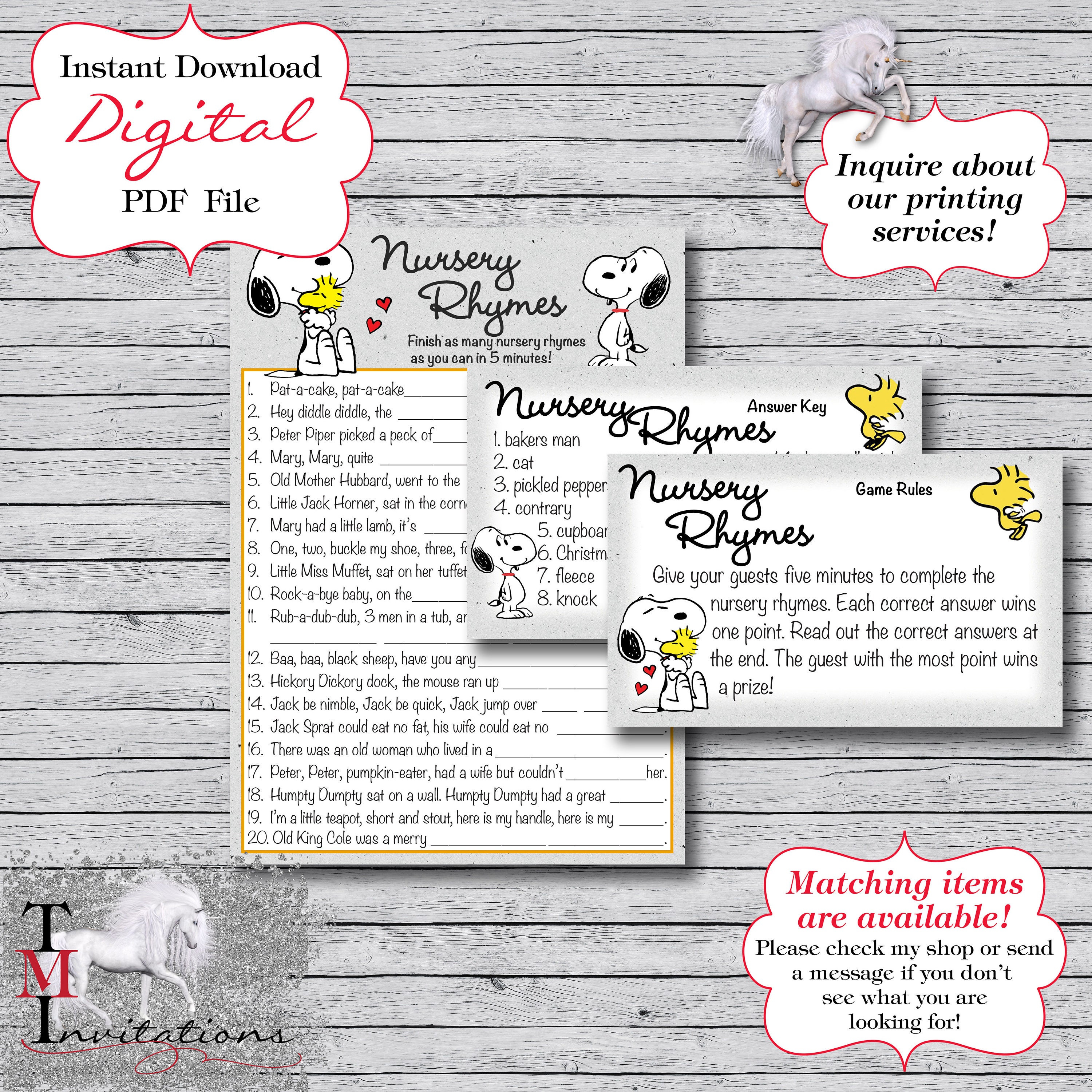Classic Snoopy and Woodstock Baby Shower Nursery Rhyme Trivia