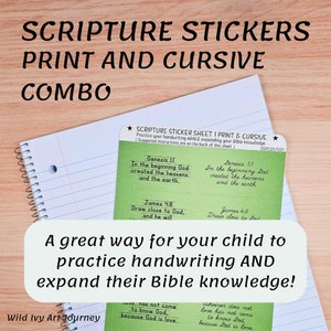 May include: A set of green and white printable scripture stickers for children. The stickers feature Bible verses from Genesis and James. The stickers are designed to help children practise handwriting and learn Bible verses.