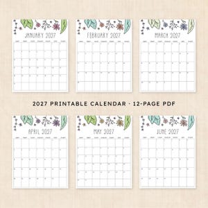 Puede incluir: Un calendario imprimible de 2027 en PDF de 12 p&aacute;ginas con seis cuadr&iacute;culas mensuales de enero a junio. Cada p&aacute;gina muestra el nombre del mes, el a&ntilde;o y un borde floral dibujado a mano con detalles en verde, morado y amarillo sobre la cuadr&iacute;cula.