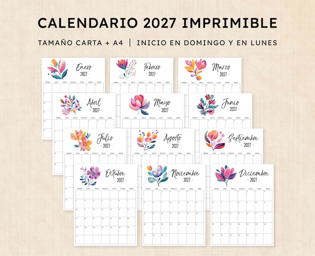Calendario 2027 Para Imprimir · PDF De 12 Páginas · Hibiscus Harmony - Etsy