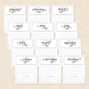 May include: A 2027 wall calendar set featuring twelve individual monthly pages. Each page displays the month name in a black cursive script, the year 2027, a grid for days of the week, and a lined section at the bottom for notes and reminders.
