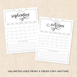 May include: Two white calendar pages for September and October 2027 with black text and lines. Each page features the month name in script, a grid for dates, and a section at the bottom labeled Notes + Reminders. Text at the bottom reads: UNLIMITED USES! PRINT A FRESH COPY ANYTIME.