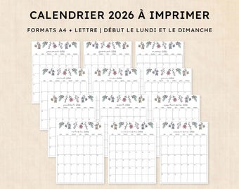 Calendrier 2026 à imprimer · PDF de 12 pages · Wildflower Whimsy