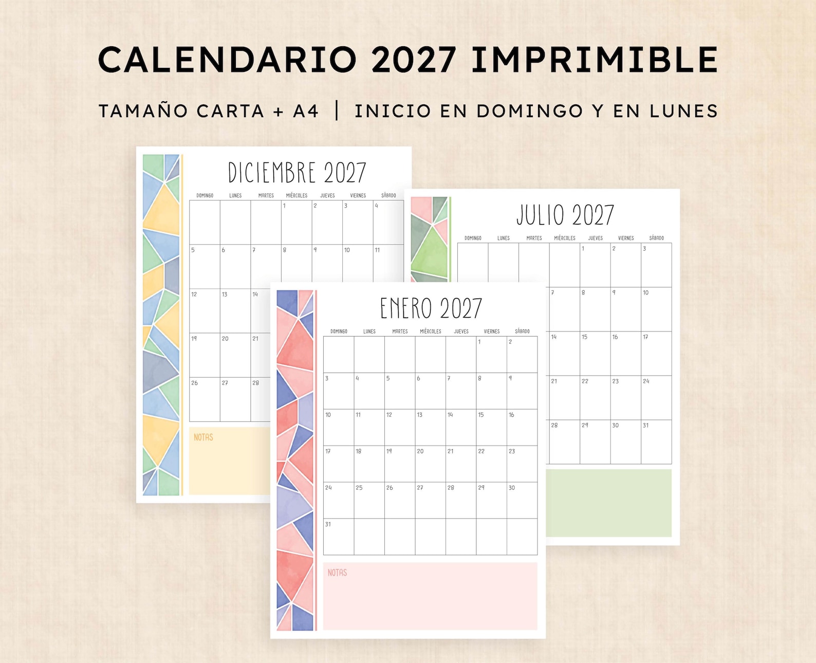 Calendario 2027 Para Imprimir · PDF De 12 Páginas · Midsummer Mosaic - Etsy