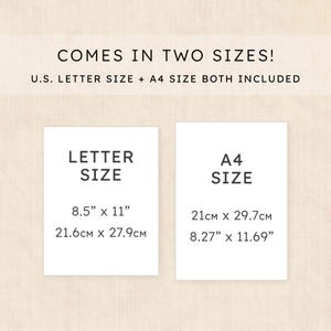 Puede incluir: Un gr&aacute;fico de informaci&oacute;n digital que indica COMES IN TWO SIZES! U.S. LETTER SIZE + A4 SIZE BOTH INCLUDED. Dos rect&aacute;ngulos blancos muestran LETTER SIZE como 21,6 cm por 27,9 cm y A4 SIZE como 21 cm por 29,7 cm con medidas m&eacute;tricas e imperiales.