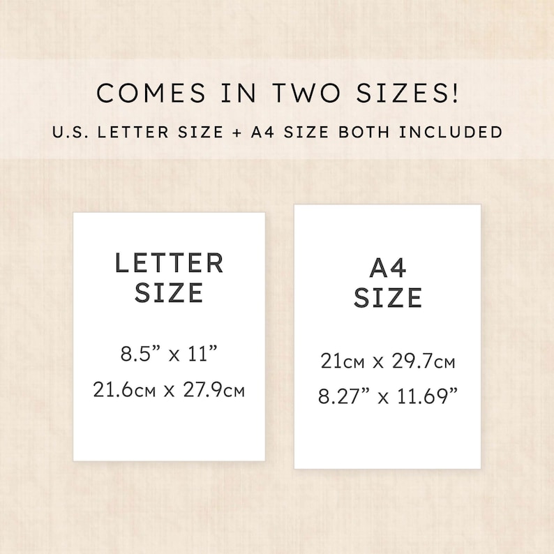 Puede incluir: Un gr&aacute;fico de informaci&oacute;n digital que indica COMES IN TWO SIZES! U.S. LETTER SIZE + A4 SIZE BOTH INCLUDED. Dos rect&aacute;ngulos blancos muestran LETTER SIZE como 21,6 cm por 27,9 cm y A4 SIZE como 21 cm por 29,7 cm con medidas m&eacute;tricas e imperiales.