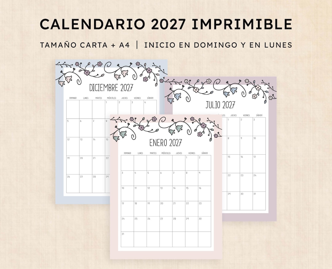 Calendario 2027 Para Imprimir · PDF De 12 Páginas · Vintage Vines - Etsy