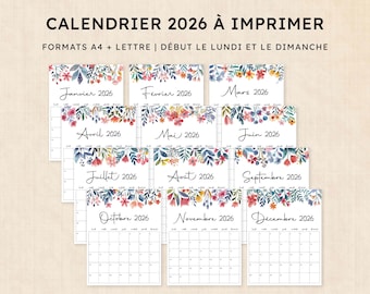 Calendrier 2026 à imprimer · PDF de 12 pages · Floral Fantasy