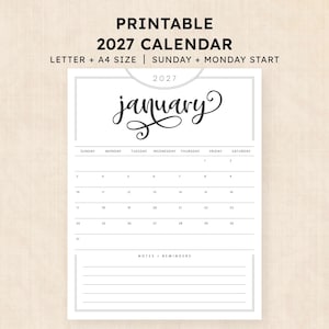 May include: A printable 2027 calendar page for January featuring a black and white design with a script font for the month name, a grid layout for days of the week, and a section for notes and reminders at the bottom, labeled Letter and A4 size.
