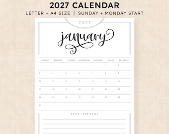 May include: A printable 2027 calendar page for January featuring a black and white design with a script font for the month name, a grid layout for days of the week, and a section for notes and reminders at the bottom, labeled Letter and A4 size.