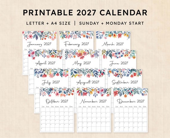 Printable 2027 Calendar · 12-page PDF · Floral Fantasy - Etsy