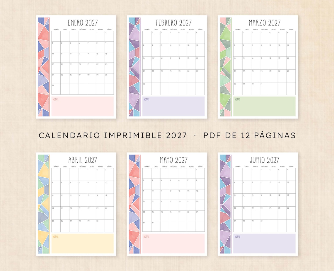 Calendario 2027 Para Imprimir · PDF De 12 Páginas · Midsummer Mosaic - Etsy