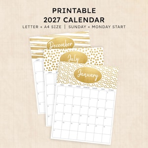May include: A printable 2027 calendar set featuring Letter and A4 size options with Sunday and Monday start dates. Each page displays a gold-toned header with month names like January, July, and December, paired with a white grid for scheduling.