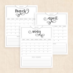 May include: Three white calendar pages for the year 2027, featuring the months of March, April, and May. Each page displays a black calligraphic month title, a grid for the days of the week, and a lined section at the bottom for notes and reminders.