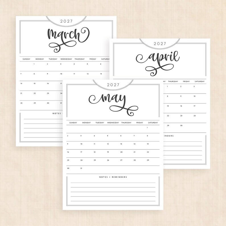 May include: Three white calendar pages for the year 2027, featuring the months of March, April, and May. Each page displays a black calligraphic month title, a grid for the days of the week, and a lined section at the bottom for notes and reminders.