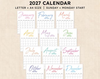 May include: A printable 2027 calendar featuring twelve monthly pages with pastel-colored script headers for each month. The text reads PRINTABLE 2027 CALENDAR LETTER + A4 SIZE | SUNDAY + MONDAY START. Each page includes a grid for dates and days.