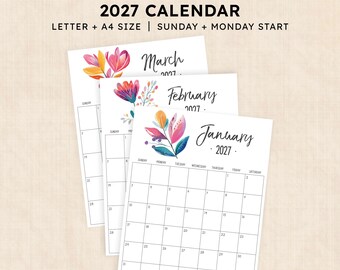 May include: A printable 2027 calendar set featuring three pages for January, February, and March. Each page displays a grid layout with a watercolor floral illustration in pink, orange, and blue hues at the top. Text includes PRINTABLE 2027 CALENDAR.