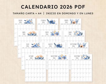 May include: A printable calendar for 2026 with floral designs in blue, pink, and yellow. The calendar is available in letter and A4 sizes and starts on Sunday or Monday.