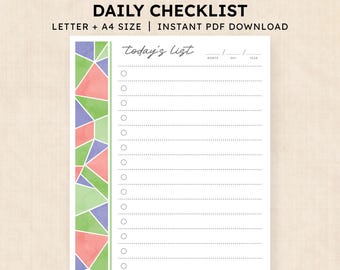 Könnte beinhalten: Eine druckbare tägliche Checkliste mit einem linken Rand aus einem geometrischen Muster aus aquarellartigen Dreiecken in Grün-, Rosa- und Violetttönen. Die Seite enthält den Text today's list, ein Datumsfeld und siebzehn Zeilen.