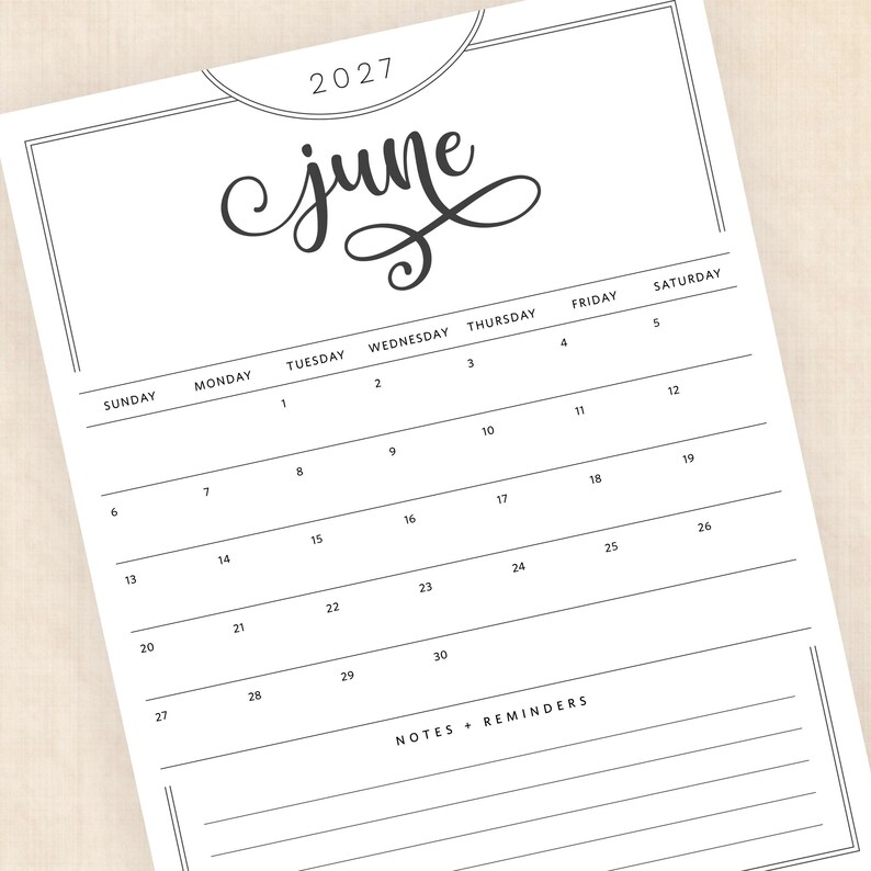May include: A black and white printable calendar page for June 2027. The design features a large cursive header for the month, the year 2027, a grid with days of the week from Sunday to Saturday, numbered dates, and a section for notes and reminders.