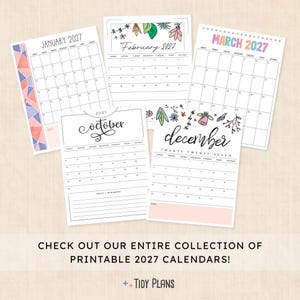 May include: Five printable 2027 calendar pages featuring January, February, March, October, and December. Each page displays a grid layout with specific month names, dates, and decorative elements like geometric patterns and floral illustrations.