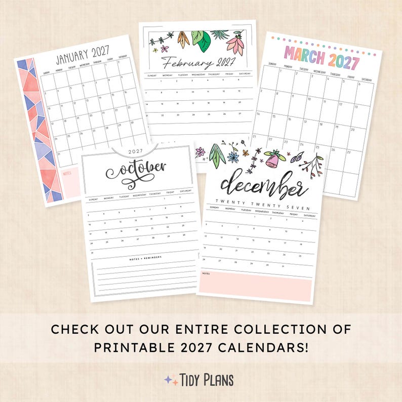 May include: Five printable 2027 calendar pages featuring January, February, March, October, and December. Each page displays a grid layout with specific month names, dates, and decorative elements like geometric patterns and floral illustrations.