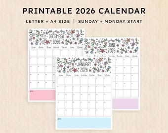 2026 Printable Calendar, Floral Design, Letter & A4 Size, Sunday/Monday Start (Digital Download)