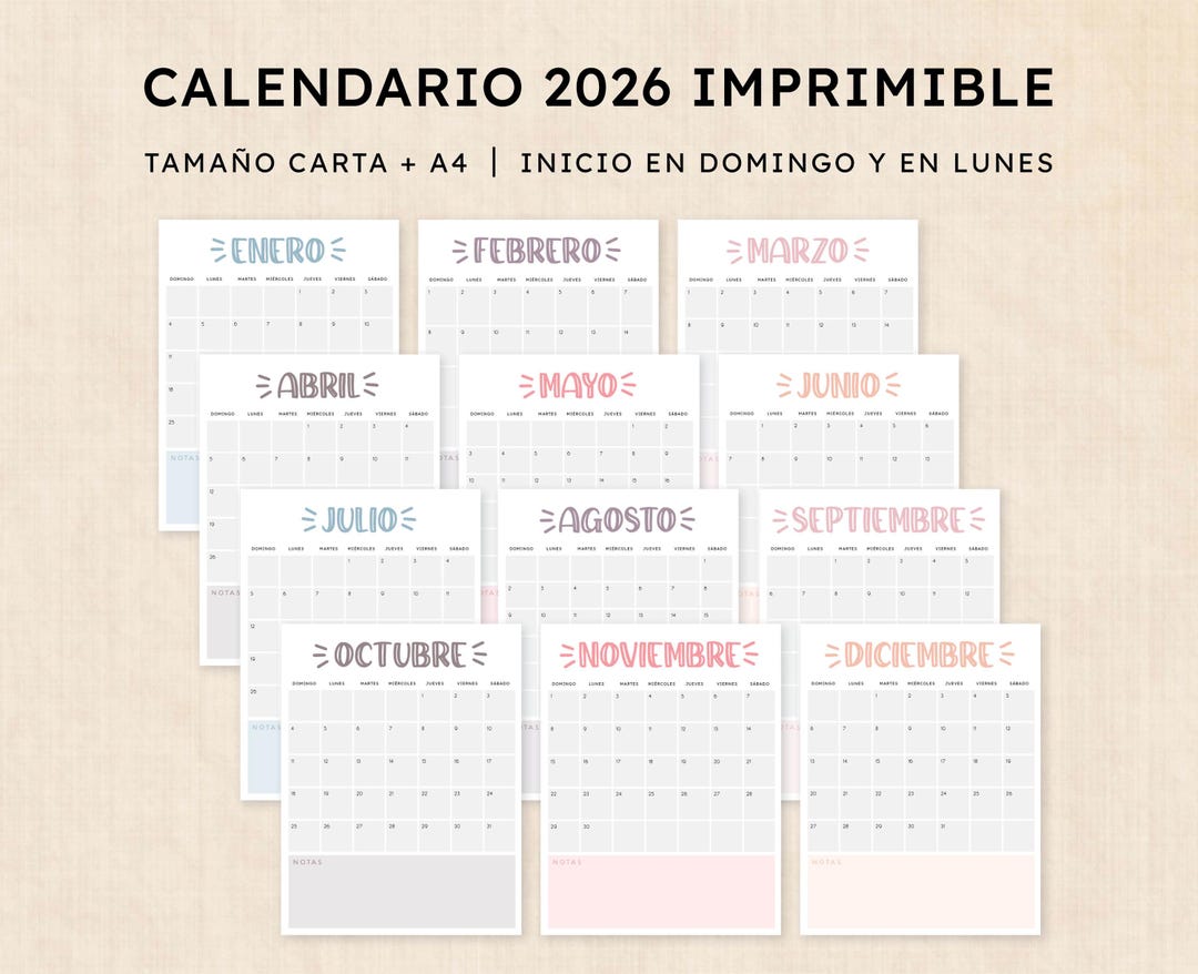 Calendario 2026 para imprimir · PDF de 12 páginas · Sassy Splash - Etsy ...