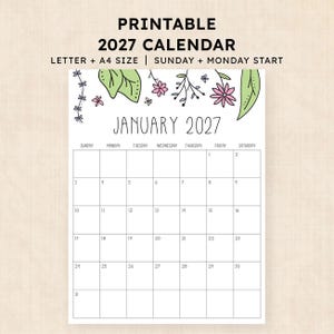 Puede incluir: Una p&aacute;gina de calendario imprimible para enero de 2027 que comienza en domingo. El borde superior presenta hojas verdes y flores rosas dibujadas a mano. El texto dice PRINTABLE 2027 CALENDAR, LETTER + A4 SIZE, SUNDAY + MONDAY START, JANUARY 2027.