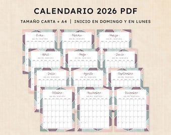 Calendario 2026 para imprimir · PDF de 12 páginas · Majestic Mosaic