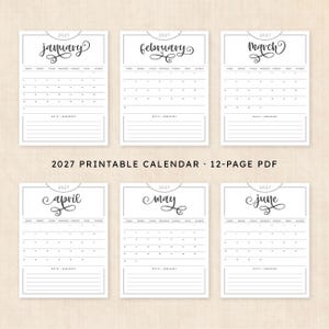 May include: A 2027 printable calendar 12-page PDF featuring six monthly pages from January to June. Each page displays the month name in script, a grid for days of the week, and a section for notes and reminders with horizontal lines.