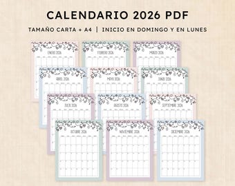 Calendario 2026 para imprimir · PDF de 12 páginas · Vintage Vines