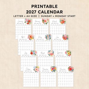Puede incluir: Un conjunto de calendario 2027 imprimible con doce páginas mensuales con ilustraciones florales. Cada página incluye una cuadrícula para fechas, el nombre del mes y el año. Texto: PRINTABLE 2027 CALENDAR, LETTER + A4 SIZE, SUNDAY + MONDAY START.