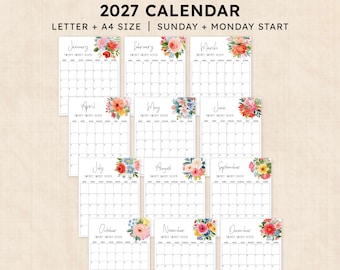 May include: A printable 2027 calendar set featuring twelve monthly pages with floral illustrations. Each page includes a grid for dates, the month name, and the year. Text reads: PRINTABLE 2027 CALENDAR, LETTER + A4 SIZE, SUNDAY + MONDAY START.
