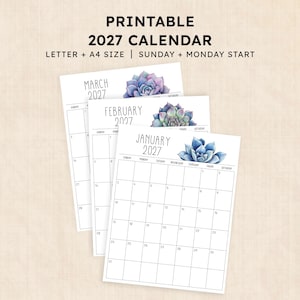 Puede incluir: Un conjunto de calendario imprimible 2027 con tres páginas para enero, febrero y marzo. Cada página muestra una ilustración en acuarela de una suculenta en la parte superior, una cuadrícula para fechas y texto indicando tamaños Letter y A4.