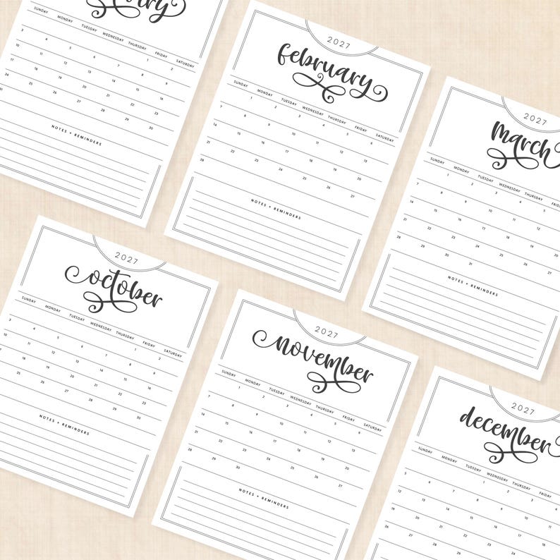 May include: A collection of six individual 2027 calendar pages featuring black text on white paper. Each page displays a specific month, including February, March, October, November, and December, with a grid for dates and a section for notes and reminders.