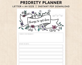 Könnte beinhalten: Eine druckbare Prioritätenplaner-Seite mit einem Banner und dem Text things to get done, umgeben von floralen Illustrationen in Lila und Türkis. Das Layout enthält Bereiche für die heutige Hauptpriorität und weitere Aufgaben mit Leerzeilen.