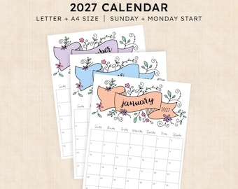 May include: A printable 2027 calendar featuring three stacked pages with floral banners in peach, blue, and purple. The text reads PRINTABLE 2027 CALENDAR, LETTER + A4 SIZE | SUNDAY + MONDAY START. Each page displays a monthly grid with dates.